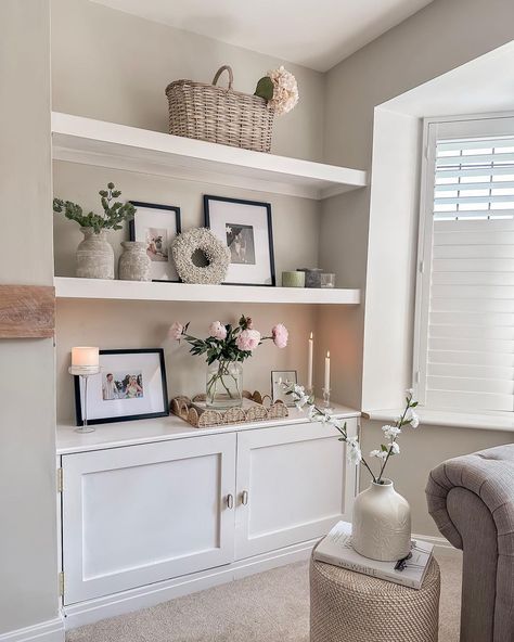 A little hallway shot 🫶🏼 (And the most boring uncreative caption everrrrr because the reality is I’m still at work as it’s already just… | Instagram post from Helena Jones (@theblossomshome) Shelving Ideas For Living Room, Shelving Unit Ideas, Shelves Around Fireplace, Creative Shelving, Sand Candle, Alcove Ideas Living Room, White Flooring, Stair Basket, Built In Shelves Living Room