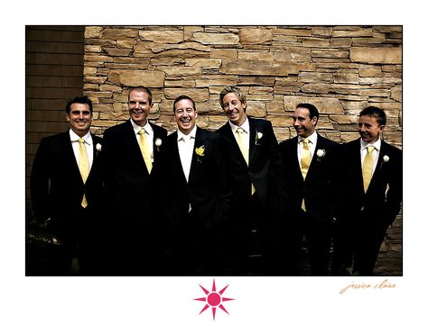 Black suit, yellow tie, white bouts for groomsmen, white tie, yellow bout for groom Yellow Tie Outfit Men, Black Suit Yellow Tie, Groomsmen Black Suit, Men Wedding Ideas, Tie Outfit, Seattle Fashion, Dress Pictures, Yellow Tie, Turquoise Wedding