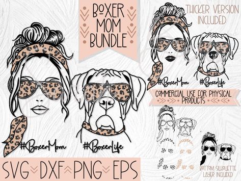 Boxer Dog Matching Boxer Mom Leopard Print SVG | Boxer Dog Mom Messy Bun Dxf | Boxer Clipart | Boxer Dog Sublimation Design by SarahBellsSVGs on Etsy Pretty Best Friends, Best Friend Matching, Friends Design, Boxer Mom, Cute Boxers, Boxer Dogs, Banner Ads, Messy Bun, Silhouette Designer Edition