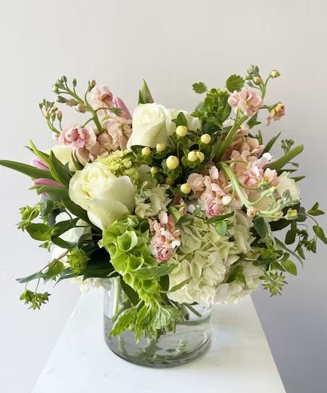 Peaches & Green | Marco Island Florist (FL) Same-Day Flower Delivery Bells Of Ireland Arrangement, Peach Stock, Summer Ball, Bells Of Ireland, Flower Identification, Green Hydrangea, Arrangement Ideas, Glass Cylinder, Peach And Green