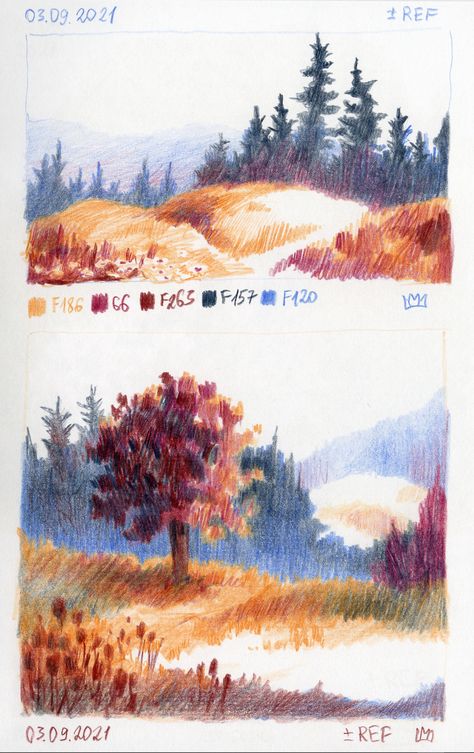 Landscape Reference Drawing, Landscape Drawing Colorpencil, Fall Art Colored Pencil, Paint With Colored Pencils, Colored Sketches Pencil, Colorful Pencil Sketches, Forest Colored Pencil Drawing, Landscape Sketch Color Pencil, Colored Pencil Reference