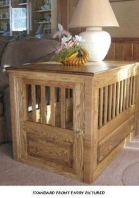 Pallet End Tables, Dog Crate End Table, Wood Dog Crate, Crate End Tables, Diy Dog Crate, Wooden Dog Crate, Dog Kennel Furniture, Crate Training Puppy, Dog Crate Furniture