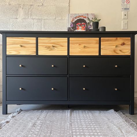 Sophisticated and modern refinished solid wood dresser. Limousine leather black with bare wood top drawers. Gold colored knob pulls. Great accent piece for any room. Dimensions 63 x 37.5 x 19.5 Black Dresser In Nursery, Black Dresser Wood Drawers, Black And Gold Mid Century Modern Dresser, Ikea Hemnes Hack, Childrens Dresser Black, Two Tone Dresser, Hemnes Dresser, Black Ans Wood Dresser, Datk Brown Dresser