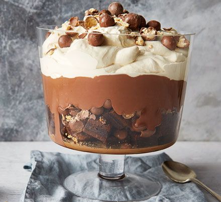 A naughty chocolate version of a traditional trifle, and so easy to make. Layer chocolate brownies, custard, Irish cream liqueur and whipped cream for an indulgent treat Traditional Trifle, Chocolate Brownie Trifle, Birthday Cake Alternatives, Trifle Dessert Recipes, Brownie Trifle, Chocolate Trifle, Chocolate Custard, Trifle Bowl, Trifle Desserts