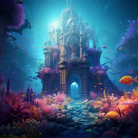 Underwater Castle Fantasy Art, Underwater Palace Fantasy Concept Art, Mermaid Castle Underwater, Mermaid House Underwater, Castle Under The Sea, Neon Underwater, Underwater Library, Underwater Village, Underwater World Art