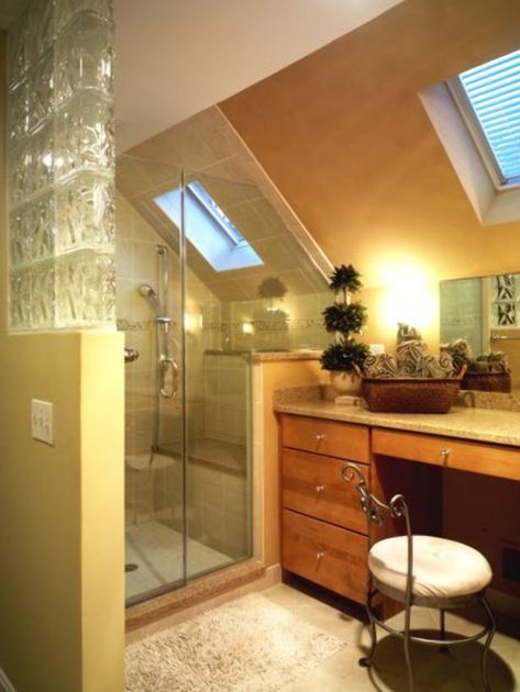 Interesting way to do a bathroom shower with slanted ceilings...  (like most of the houses in my area)       Found this on 20 Ways to Add Value to Your Home : Decorating : HGTV Attic Shower, Attic Bathroom Ideas, Small Attic Bathroom, Attic Renovation Ideas, Finished Attic, Attic Loft, Slanted Ceiling, Small Attic, Attic Space