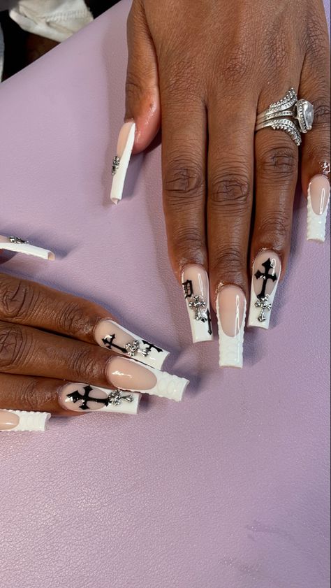 White French Tips With Chrome, French Tips With Chrome, Heart French Tips, Chrome Hearts Nails, Hearts Nails, White French Tips, White French, Diamond Nails, French Tips