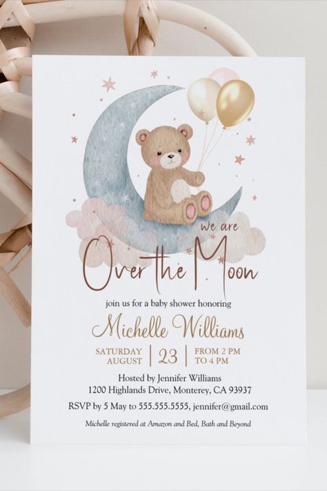 We Are Over The Moon Teddy Bear Stars Baby Shower Invitation
Watercolor Teddy Bear With Balloons Moon and Stars Baby Shower Invitation! #bear #babyshower #babyshowersgifts #babyshowercards #babyshowerparty #newborn Teddy Bear With Balloons, Bear With Balloons, Stars Baby Shower, Star Baby Shower Theme, We Are Over The Moon, Star Baby Shower Invitations, Gender Reveal Themes, Teddy Bear Baby Shower, Gender Reveal Invitations