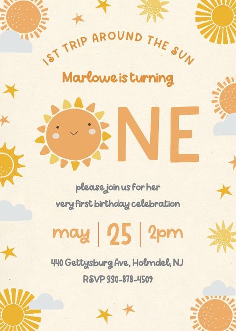 Sweetie Pie Sun - 1st Birthday Invitation Template | Greetings Island 1st Bday Invitation Cards, 1 Birthday Invitation Card, Kids Invitations Birthday, First Birthday Invitation Card Template, Baby Birthday Party Invitations, Bday Invitation Card, 1st Birthday Invites, First Birthday Invitation Cards, Birthday Invitation Message