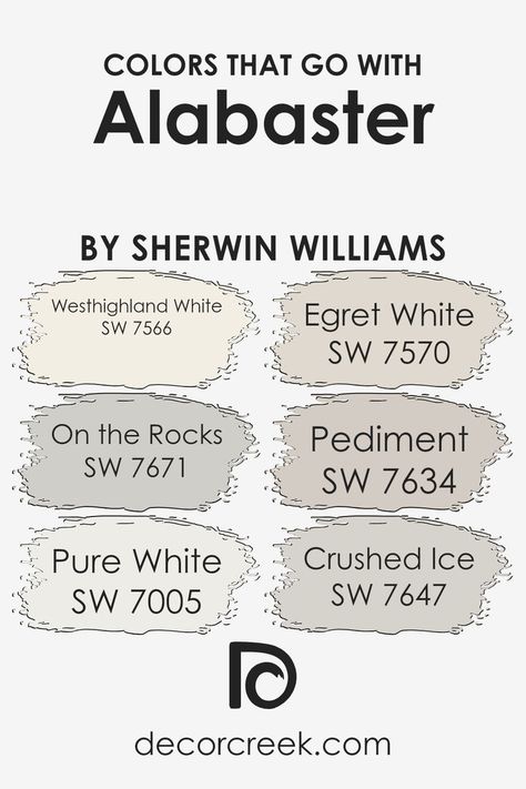 Colors that Go With Alabaster SW 7008 by Sherwin Williams Sherwin Williams Alabaster White, Coordinating Paint Colors, Off White Paint Colors, Egret White, White Interior Paint, Painting Trim White, Sherwin Williams Alabaster, Alabaster Color, Trim Paint Color