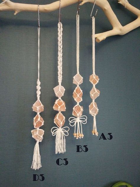 This pink Himalayan salt Macrame hanging for car or home is Very exquisitely handmade. Handmade of Pink Himalayan salt crystals, Solid wood beads, and natural cotton thread in cream white color. Himalayan salt crystals imported from Pakistan have many benefit for the human body. It will purify the air in your car under the heating of sunlight. The salt crystal also is very beautiful just like a gem, which would be a nice decoration for your car. Products details A3,B3,C3,D3 Full Length:45cm with How To Add Beads To Macrame, Macrame Crystals, Hanging Crystals Diy, Macrame Car Charm, Car Air Freshner, Car Crystals, Crystal Macrame, Crystal Car Charms, Crystals Hanging