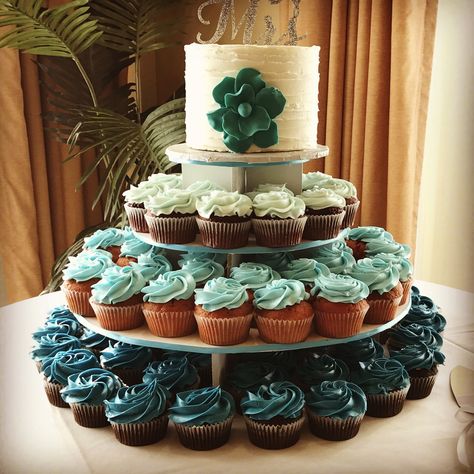 Teal Cupcakes Wedding, Teal And Copper Wedding Cake, Teal Wedding Cake Ideas, Teal Wedding Cakes, Teal Copper Wedding, Wedding Cupcake Cake, Pink Birthday Ideas, Teal And Gray Wedding, Business Anniversary Ideas