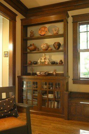 Craftsman Built In Bookcase, Craftsman Built Ins, Craftsman Bungalow Interior, House Bookcase, Craftsman Style Interior, Craftsman Style Interiors, Simple Shelves, Craftsman Interiors, Craftsman Living Room