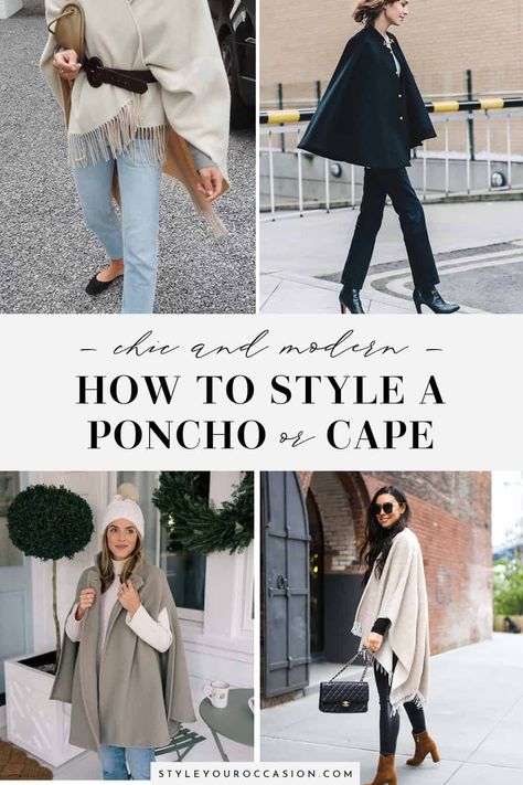 Open Poncho Outfit, Grey Poncho Outfit, White Poncho Outfit, Sweater Poncho Outfit, Black Poncho Outfit, Cape Outfits For Women, Pancho Outfit, Poncho Outfit Winter, Poncho Outfit Fall