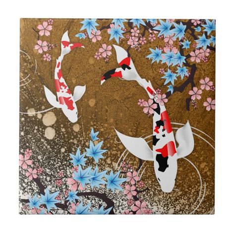 Koi Pond - wood - Japanese Design Ceramic Tile (A) - Japan gift idea Art On Ceiling, Koi Mural, Japanese Koi Pond, Pond Decor, Japanese Maple Leaves, Art Deco Font, Koi Ponds, Deco Font, Japan Gifts