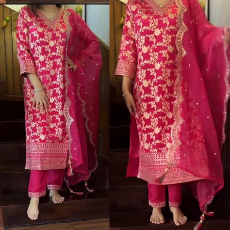 Silk Punjabi Suit, Suit With Heavy Dupatta, Banarasi Dress, Sewing Hand, Heavy Dupatta, Hand Embroidery Work, Banarasi Suit, Sewing Fabrics, Punjabi Suit