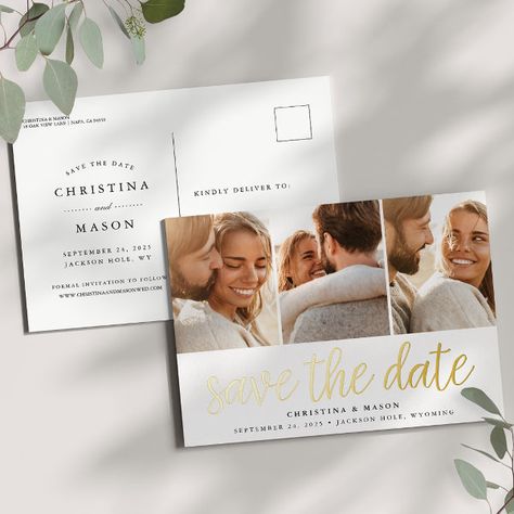 Handwritten Script 3 Photo Wedding Save the Date Foil Invitation Postcard Gold Typography, Foil Wedding Invitations, Typography Lettering, Simple Invitation, Foil Invitations, Wedding Location, Save The Date Postcards, Script Lettering, Postcard Design