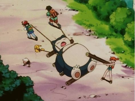 When You Need to Take Your Drunk Friend Home  When you realize with that log-moving speed Misty is the strongest human on Earth. Snorlax Gif, Sleeping Gif, Drunk Friends, Hiking Gif, Pokemon Universe, Pokemon Memes, Fantastic Art, Teen Titans, Pokemon Go