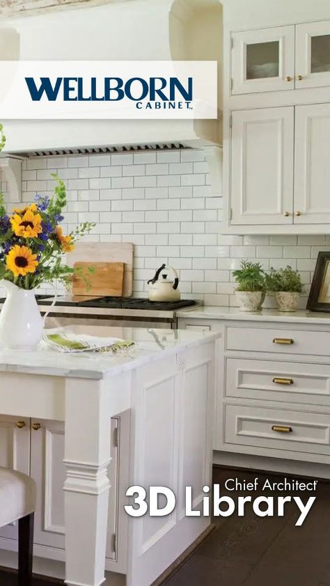 A photo of a kitchen with cream-colored Wellborn Cabinets, subway tile backsplash, and a large island. There is a pitcher of sunflowers on the island and gold hardware on the doors and drawers. Wellborn Cabinets, 3d Home Design, Chief Architect, Kitchen Cabinet Design, White Cabinets, Wood Species, Home Organization, Kitchen Design, Kitchen Cabinets