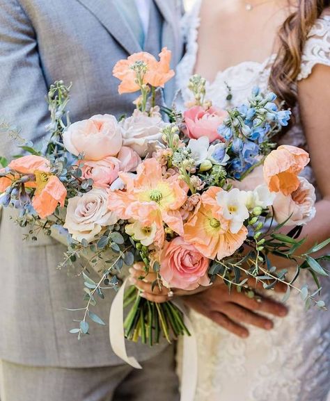 Peach Blush And Blue Wedding, Color Swatches Wedding, Cascading Pastel Bridal Bouquet, Soft Peach Wedding Theme, Peach Wildflower Wedding, Muted Colorful Wedding Flowers, Wedding Florals With Hydrangeas, Pastel Color Bouquets, Blue And Pink Wedding Florals