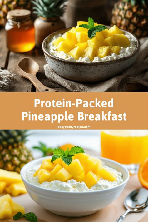 Bowl of cottage cheese topped with fresh pineapple chunks, garnished with a mint leaf. Cottage Cheese And Pineapple, Pineapple Cottage Cheese, Pineapple Breakfast, Wholesome Breakfast Ideas, Wholesome Breakfast, Quick And Healthy Breakfast, Morning Meals, Protein Rich Breakfast, Easy Zucchini Recipes