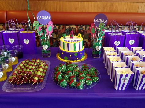 Barney birthday party theme. Barney party ideas. Barney theme. Barney treats. Barney desert table. Barney center pieces Barney Centerpieces Ideas, Barney Birthday Party Ideas, Barney Themed Birthday Party, Barney Party Ideas, Barney Birthday Party, Barney Party, Barney Birthday, Birthday Decoration Ideas, Birthday Events