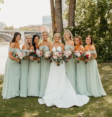 A bride and her squad in Dusty Sage! Dusty Sage Green Bridesmaid Dresses, Dusty Sage Bridesmaid Dresses, Sage Green Bridesmaid Dresses, Dusty Sage Green, Sage Green Bridesmaid, Bridal Parties Colors, Bridesmaid Dresses Dusty Sage, Sage Bridesmaid Dresses, Bridesmaid Dresses Boho