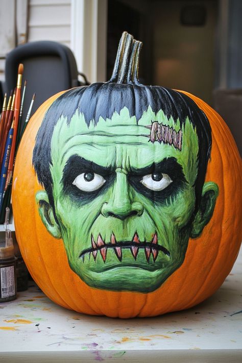 Creative Frankenstein Pumpkin Painting Green Painted Pumpkins, Sandworm Pumpkin, Creepy Painted Pumpkins, Frankinstine Pumpkin, Ghost Pumpkin Painting Ideas, Scary Painted Pumpkin Ideas, Pumpkin Painting Ideas Frankenstein, Pumpkin Faces Ideas Painted, Pumpkin Face Drawing