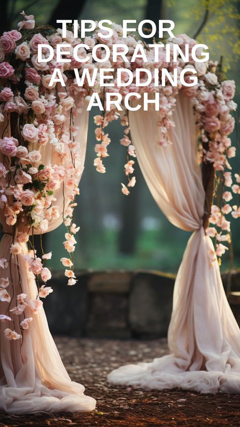 wedding arch decorated with fabric and flowers Wedding Arch With Fabric, Decorate A Wedding Arch, Wedding Draping, Fabric Draping, Draping Fabric, Arch Decoration Wedding, Garden Party Wedding, Ceremony Arch, Draped Fabric