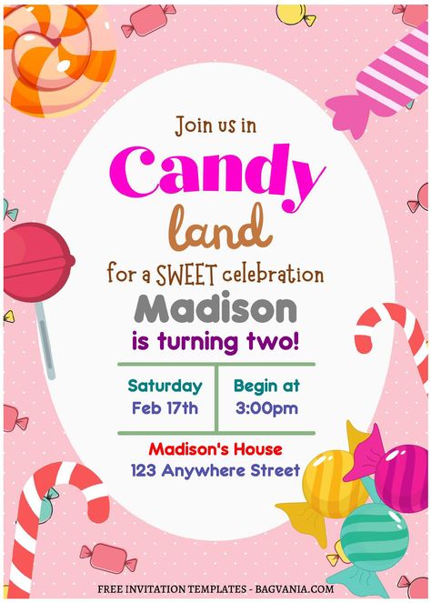 Candyland Invitations Templates Free Printable, Candyland Invitations Templates, Candyland Invitations, Cherry Blossom Wedding Invitations, 1st Birthday Invitation Template, Party Decoration Items, Free Printable Invitations Templates, Types Of Candy, Strawberry Candy