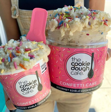 The Cookie Dough Café® on Instagram: “Little & Large 🥰 our mini cup and pint size confetti cake cookie dough!! 🎉🍰🍪 who’s tried this flavor?! 👇” The Cookie Dough Cafe, Confetti Cake Cookies, Candy Drinks, Confetti Cake, Edible Cookies, Edible Cookie Dough, Cake Cookie, Soft Cookie, Cookie Dough Cafe