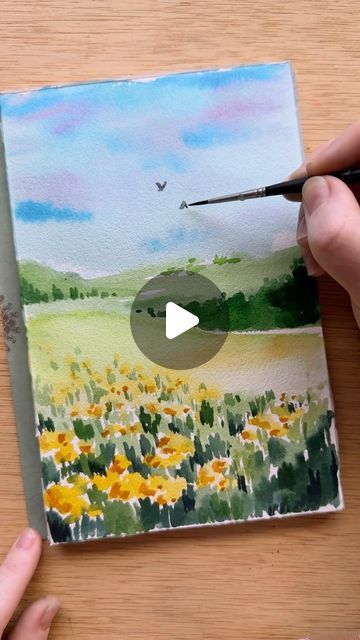 Kristin Van Leuven | Watercolor artist and instructor on Instagram: "April fools to me since I didn’t realize the last day of March was yesterday 🤪  Every month this year I paint a watercolor landscape inspired by that month.  When I think of March and spring I think of blue skies, green fields, and lots of blooming flowers 💕" Watercolor Landscape Tutorial, Watercolour Ideas, Watercolor Art Landscape, Kids Watercolor, Landscape Art Painting, Watercolor Art Lessons, Watercolor Paintings Tutorials, Art Flowers, Watercolour Tutorials