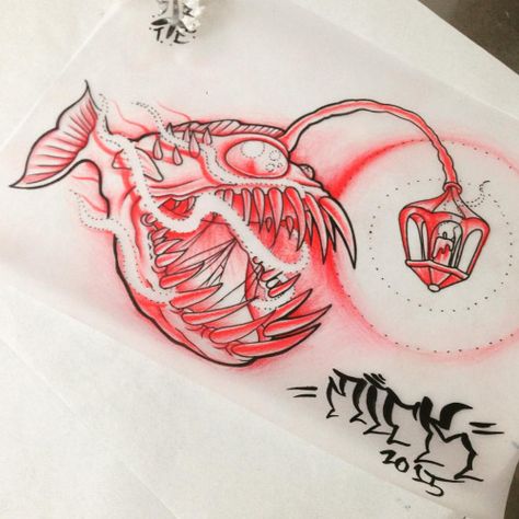 Angler Fish Tattoo, Lantern Fish, Fish Drawing, Fish Tattoo, Angler Fish, Fish Drawings, 1 Tattoo, Tattoo Shop, Color Tattoo