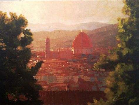 Florence,-Italy---The-Duomo-from-a-Distance - original oil italy landscape painting by artist christopher clark fine art Italy Landscape Drawing, Florence Countryside, Italy Gouache Painting, Italy Landscape Painting, Oil Painting Italy, Florence Painting, Italian City Painting, Medieval Italy, Paintings Of Florence Italy