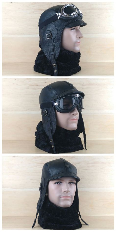 Aviator hat, black leather steampunk cap motorcycle moto motobike helmet and goggles, flying pilot cap, military style WW2, for men and women. FREE SHIPPING! String Hat, Steampunk Pilot, Leather Motorcycle Helmet, Steampunk Helmet, Aviator Helmet, Pilot Goggles, Steampunk Aviator, Pilot Helmet, Aviator Cap