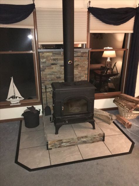 Wood stove hearth in front of bay window Wood Stove Near Window, Stove Between Windows, Wood Burning Stove Raised Hearth, Home Depot Wood Stove Accesssiores, Ben Franklin Wood Burning Stove, Free Standing Corner Wood Stove Harth, Stove Hearth, Wood Stove Hearth, Stove Ideas