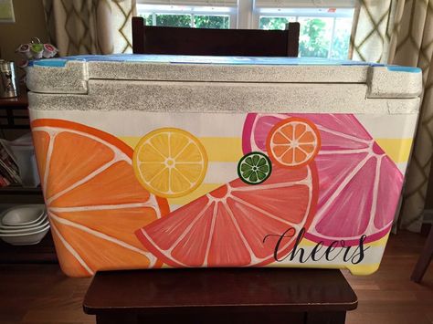 citrus fruit cooler cheers Cute Cooler Ideas, Cooler Box Ideas, Girl Cooler Painting, Easy Cooler Painting Ideas, Girly Painted Cooler, Sorority Cooler Ideas, Cooler Painting Ideas For Girls Summer, Girly Cooler Painting, Painting Cooler Ideas