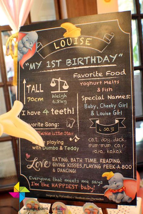 Chalkboard sign at a Dumbo birthday party! See more party ideas at CatchMyParty.com! Carnival Birthday Theme, Dumbo Birthday Party, Birthday Present For Boyfriend, Frozen Crafts, Baby Birthday Photoshoot, Baby Boy Themes, Leo Birthday, Baby Girl Shower Themes, Baby Boy Birthday