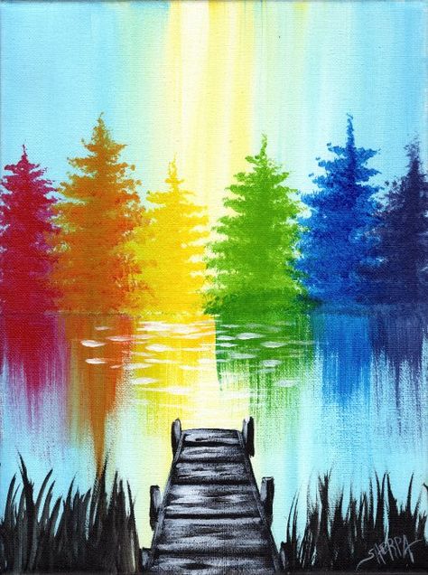 Rainbow Trees Lake And Pier | Easy Acrylic Painting STEP BY STEP #8 | The Art Sherpa | The Art Sherpa Navy Blue Poster, Rainbow Trees, Acrylic Painting Step By Step, Dolphin Painting, Beginners Art, The Art Sherpa, Painting Step By Step, Waterfall Paintings, Flowers Acrylic