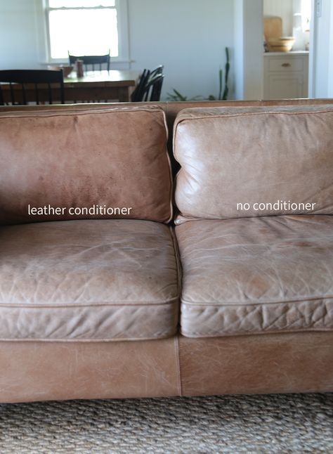 Learn how to easily refresh a leather couch. We gave our old leather couch a whole new look with some leather conditioner. Change Color Of Leather Couch, Dye Leather Couch, Cleaning Faux Leather Couch, Worn Leather Couch, Leather Couch Conditioner, How To Restore Leather Couch, Leather Conditioner Diy Couch, Diy Leather Conditioner Furniture, Leather Conditioner Diy