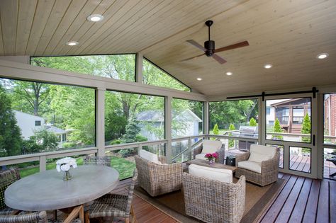 Custom Deck & Screen Porch in Bethesda Unique screened porch in Bethesda, Maryland with natural hardwood decking and steel cable railings. Screen Porch Ideas, Deck Screen, Treated Wood Deck, Patio Privacy Screen, Screened Porch Designs, Screened In Deck, Outdoor Renovation, Porch Addition, Hardwood Decking