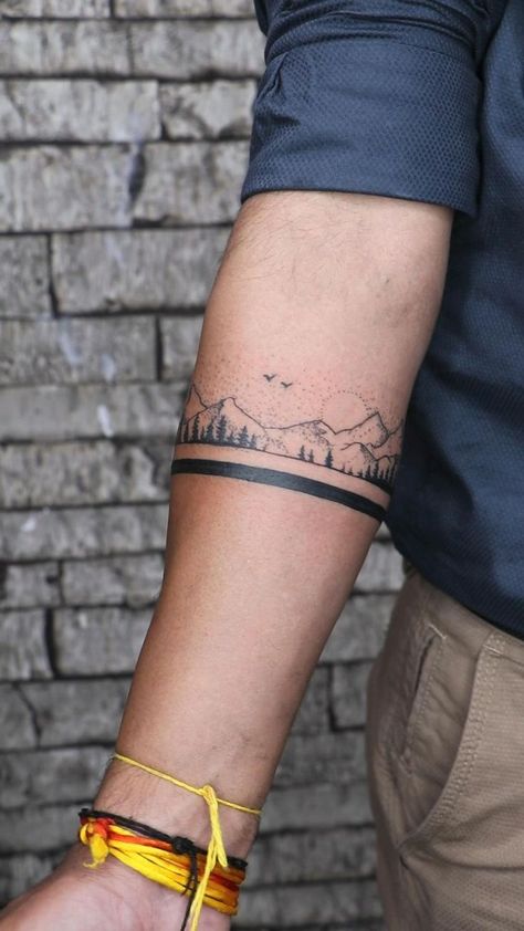 Cool Small Mens Tattoos, Memorial Band Tattoos, 40th Tattoo Ideas, Best Animal Tattoos, Mountain Tattoo Men Sleeve, Mens Cuff Tattoo, Bicep Wrap Around Tattoo Men, Mens Ankle Tattoos Ideas, Tattoo Ideas For Men Band