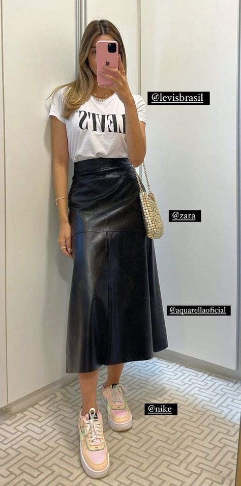 Black Leather Midi Skirt Outfit Casual, Black Faux Leather Midi Skirt Outfit, Black Midi Leather Skirt Outfit, Leather Aline Skirt Outfit, Black Faux Leather Skirt Outfit Winter, Leather Skirt And Sneakers Outfit, Leather Skirt Outfit Spring, Black Long Leather Skirt Outfit, Black Leather Skirt Outfit Casual