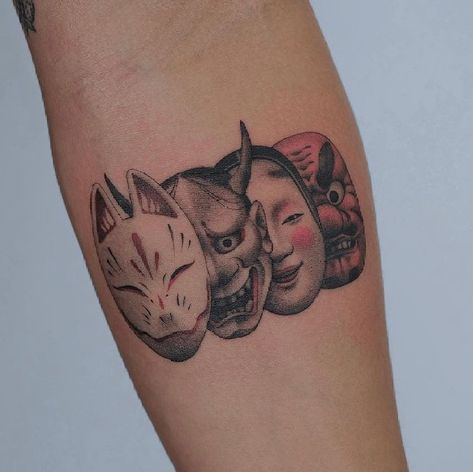 Japanese Tattoo Kitsune, Onryō Tattoo, Japanese Folklore Tattoo, Anime Mask Tattoo, Tattoo Mask Japanese, Japanese Tengu Tattoo, Koomote Tattoo, Korean Mask Tattoo, Oni Back Tattoo