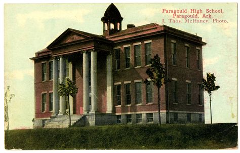 Paragould High School, unknown date. AHC4420 Paragould Arkansas, Old School House, Arkansas Razorbacks, Post Office, Arkansas, Old Pictures, Fall Colors, Lamp Post, Gazebo