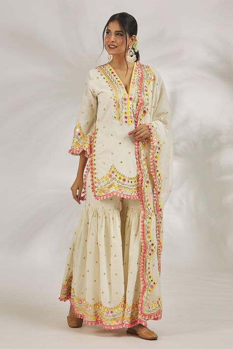 Buy Gopi Vaid Ivory Organic Cotton Bani Thread And Mirror Embroidered Kurta Sharara Set Online | Aza Fashions Long Kurti Patterns, Gopi Vaid, Kurta Sharara Set, Kurta Sharara, Mirror Embroidery, Indian Designer Suits, Short Kurta, Kurti Patterns, Casual Indian Fashion