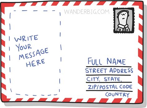 An illustration of a ready to mail postcard showing where to write the address, where to place the stamp, and where to write a personal message to the recipient. Post Card Messages Ideas, Postcard Writing Ideas, Postcard Messages, Mail Illustration, Postcard Examples, Postcard Writing, Postcards Inspiration, Postcard Ideas, Postcard Illustration