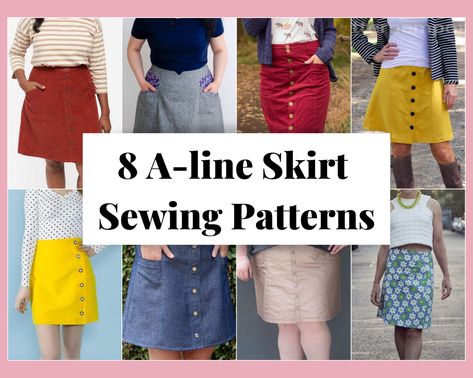 Want to sew a classic A-line skirt? Choose from one of these 8 fantastic A-line skirt sewing patterns . P.S.: One of these is FREE! Button Down Skirt Pattern, A Line Skirt Pattern Free, Skirt Sewing Patterns, A Line Skirt Pattern, Skirt Pattern Free, Grainline Studio, Skirt Sewing, Tilly And The Buttons, Button Up Skirts