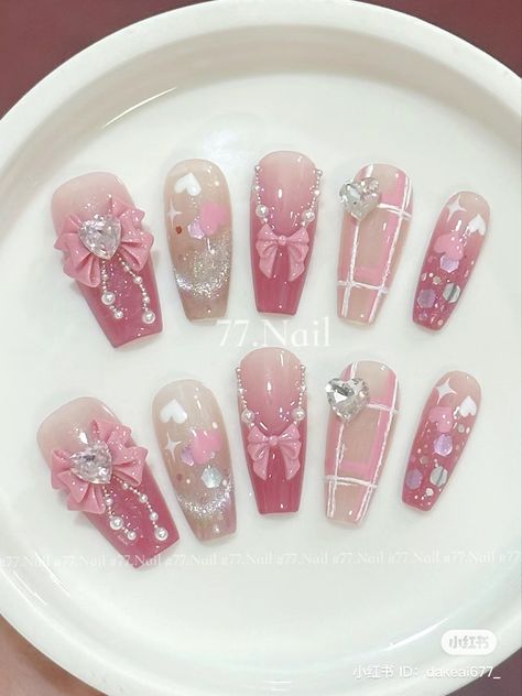 Japanese Nails Valentines, Japanese Valentines Nails, Korean Valentines Nails, Balletcore Nails, Aesthetic Nail Art, Coquette Nail, Bow Nail Designs, Princess Vibe, Aesthetic Bow