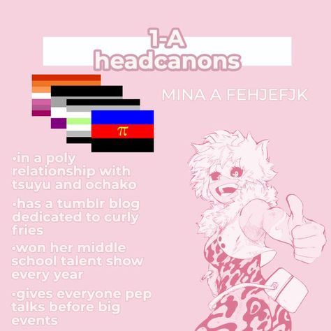 Mina Ashido Headcanons, Lgbtq Headcanons, Angry Pomeranian, Mha Headcanons, Teka Todoroki, Character Headcanons, Head Cannons, Mina Ashido, Curly Fries